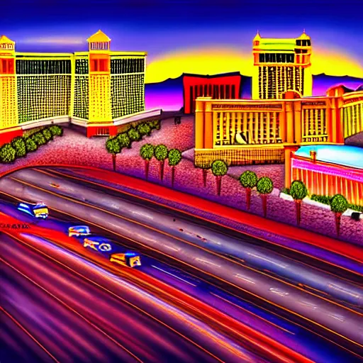 Image similar to las vegas in the future, city streets, golden hour, perspective artwork, photorealism