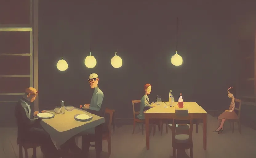 Image similar to a mysterious dimly lit dinner scene illustration by atey ghailan and escher and edward hopper, surreal