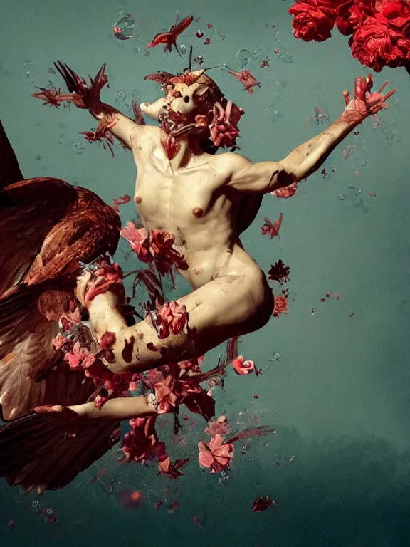 Prompt: a falling Icarus sinking in bubbling red wax, wings, skull, birds, flowers, baroque. intricate. many many birds birds on background. Trending on artstation. painting by caravaggio. halo. octane render, cinematic, hyper realism, octane render, 8k, depth of field, bokeh. iridescent accents. vibrant. teal and gold and red colour scheme