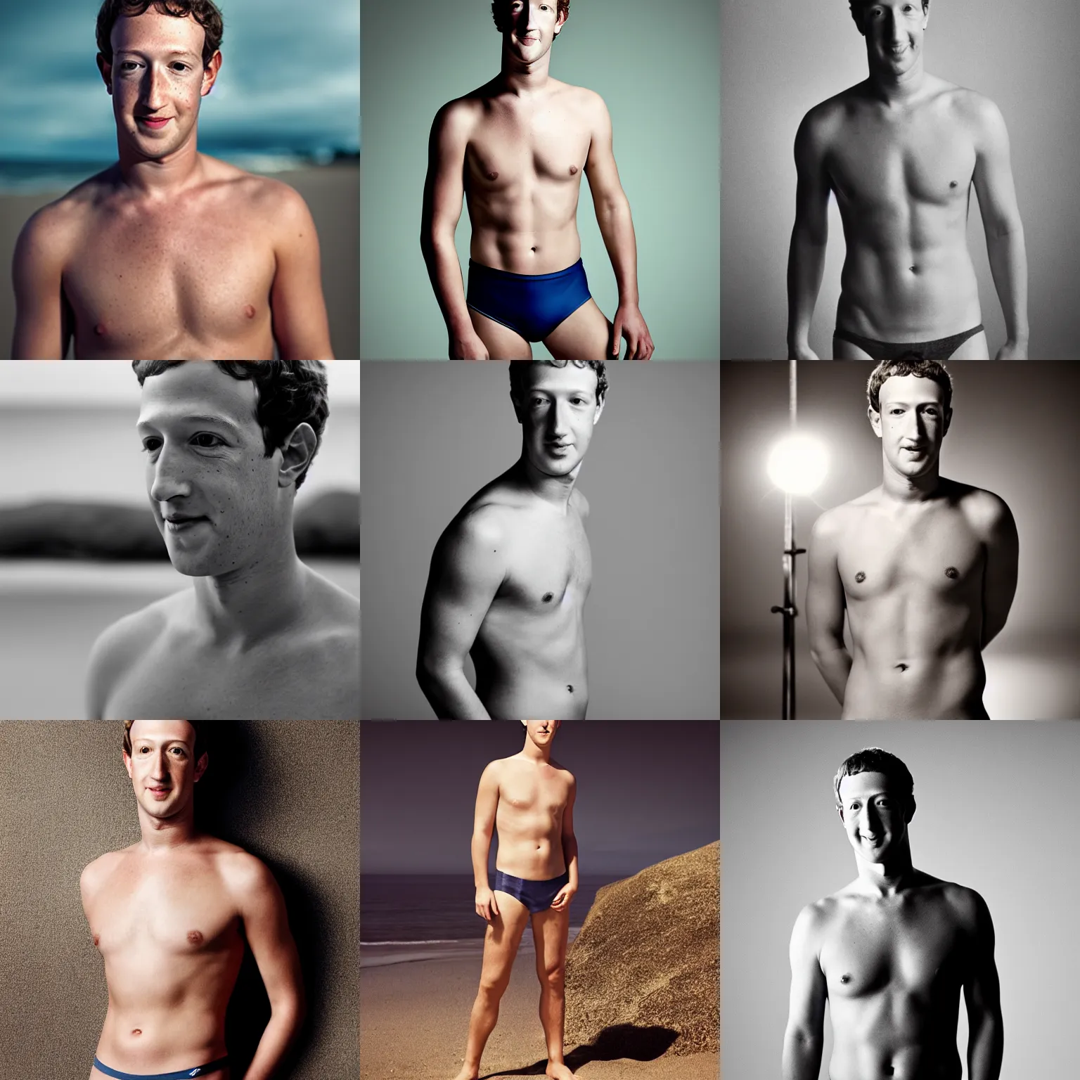 Prompt: Photo of Mark Zuckerberg in swimsuit, soft studio lighting, photo taken by Anne Liebovitz for Abercrombie and Fitch, award-winning photograph, Sigma art lens