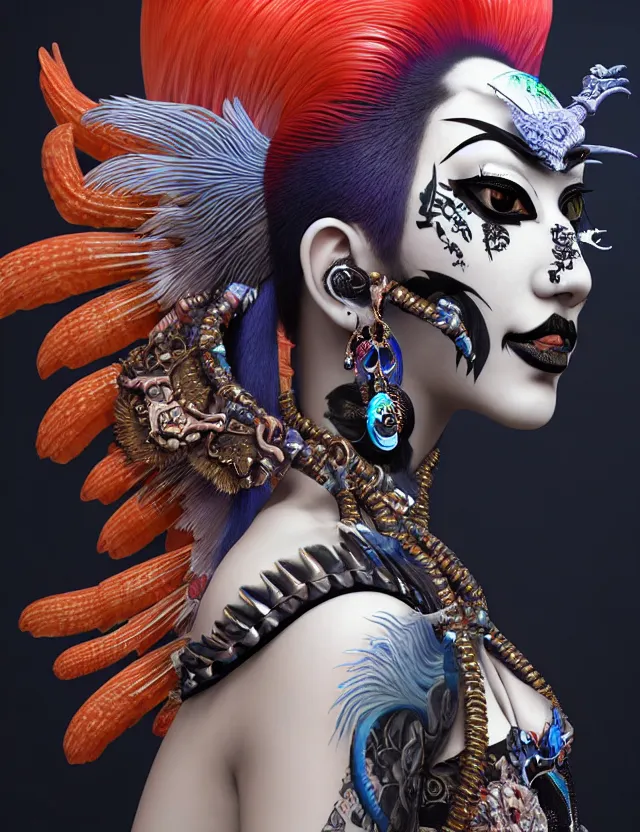 Image similar to 3 d goddess close - up profile portrait punk with mohawk with ram skull. beautiful intricately detailed japanese crow kitsune mask and clasical japanese kimono. betta fish, jellyfish phoenix, bio luminescent, plasma, ice, water, wind, creature, artwork by tooth wu and wlop and beeple and greg rutkowski