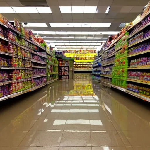 Image similar to photo of a grocery store interior, the floor is flooded with one meter deep water. eerie, volumetric lighting.