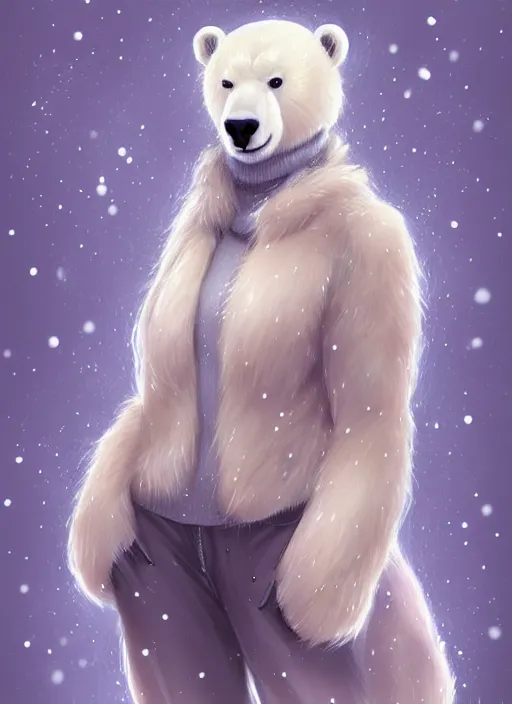 Image similar to award winning beautiful portrait commission art of a female furry anthro polar bear fursona with a cute beautiful attractive detailed feminine furry face wearing a cute stylish winter sweater and pants at a comfy winter cabin at dusk by firelight. Character design by charlie bowater, ross tran, artgerm, and makoto shinkai, detailed, inked, western comic book art