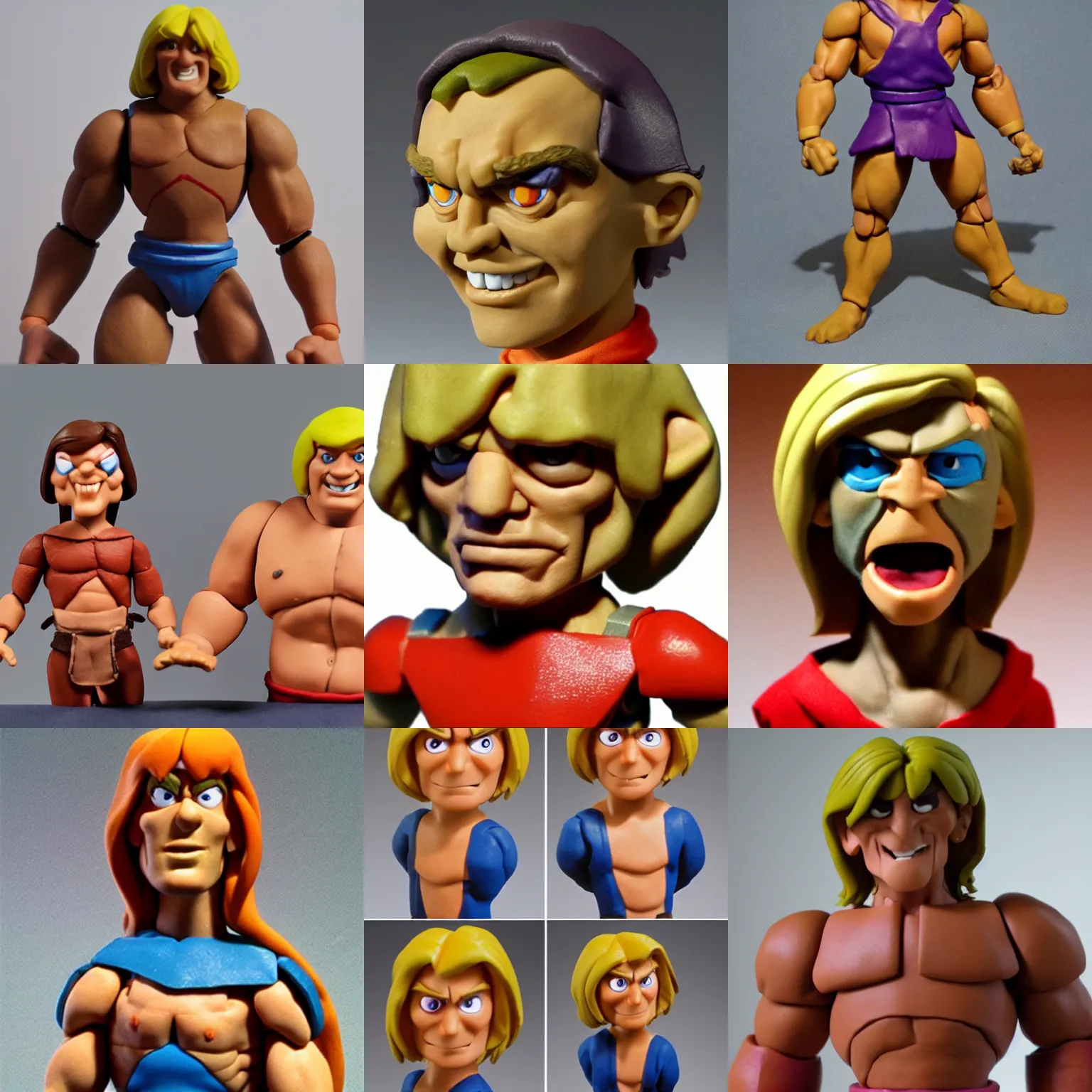 Prompt: real he-man filmation animationl!! clay! close detailed sculpted head , style: claymation puppet kids clay , by guldies