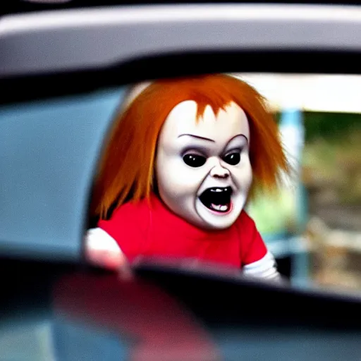 Prompt: a tiny screaming chucky doll chasing you in rear view mirror