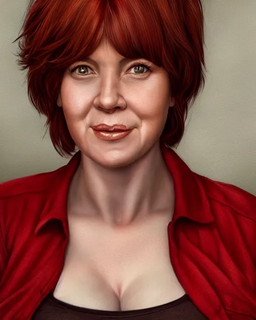 Image similar to portrait of happy short and plump 5 0 - year - old woman with red hair and, kind face, short hair, wearing in blouse, hyper realistic face, beautiful eyes, character art, art by mark brooks, hyperdetailed, cryengine, trending on artstation, digital art