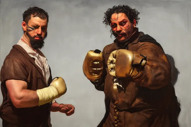 Image similar to portrait, realistic painting image about a steampunk boxer with electric boxing gloves, versus a humanoid pig. dramatic scene, horror, dramatic lighting realism, created by gustave courbet and michaelangelo, trending in artstation, fine art, smooth draw with oil painting.