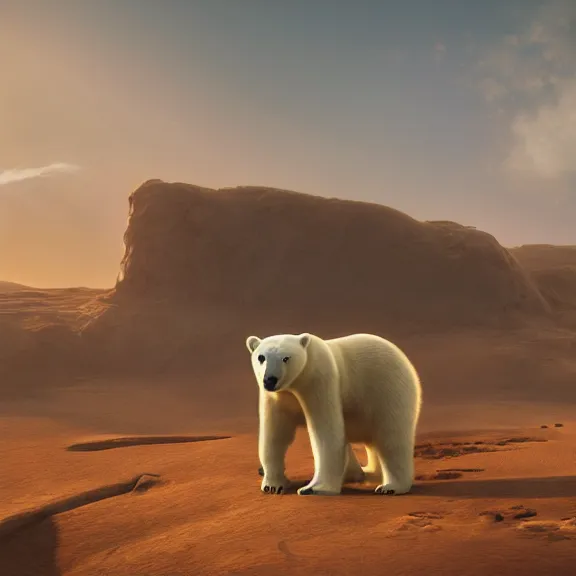 Prompt: polar bear in the desert, painting by Craig Mullins, octane rendering, soft morning lighting, wide angle lens, in the style of Hayao Miyazaki, trending on artstation,