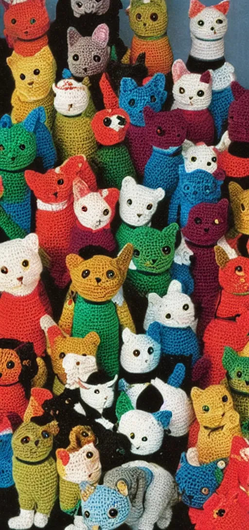 Image similar to multicolored crocheted cyborg cats, 1 9 8 0 s catalogue photo