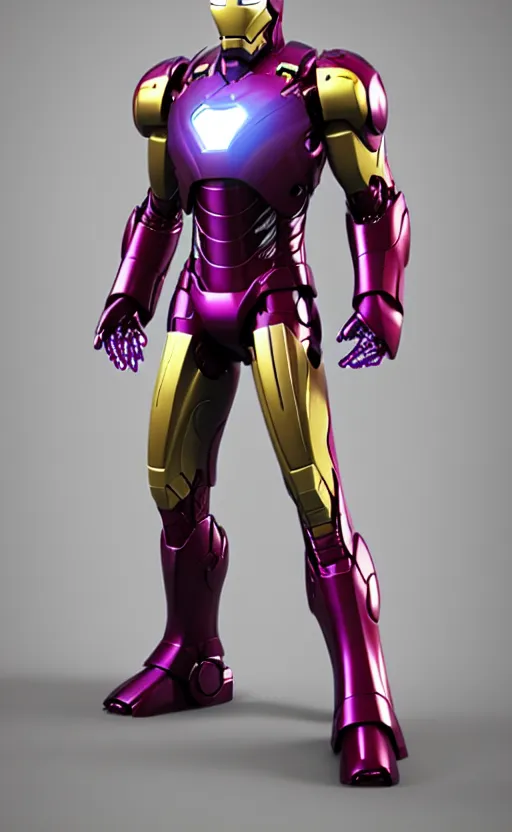 Image similar to iron man's suit but the color scheme is royal purple and gold, octane render, photorealistic, realistic shading, cinematic, detailed textures