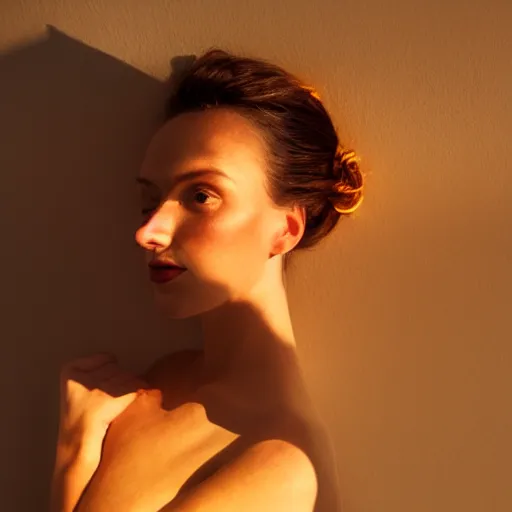 Image similar to photo of a beautiful woman lit from below with turquoise light and from above with golden orange light