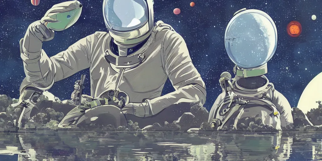 Image similar to portrait of Alain Delon pilot in spacesuit on field forrest spaceship station, artillery, lake, planet surface in outer worlds in FANTASTIC PLANET La planète sauvage animation by René Laloux