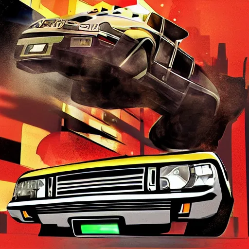 Image similar to speeding vehicle in the style of the Grand Theft Auto 3 cover art