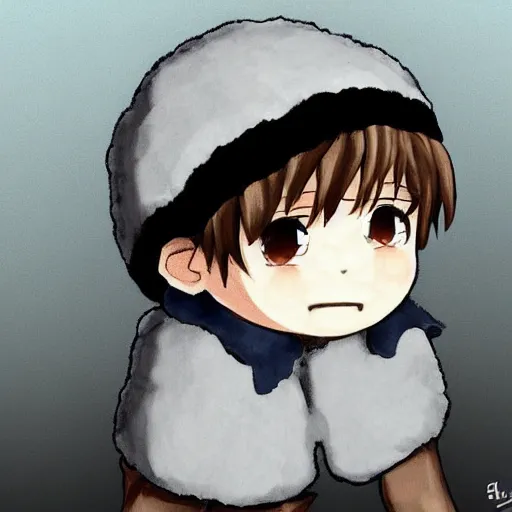Image similar to little boy wearing sheep suit. white, gray, blue, green and brown pallet color. made in abyss art style, inspired in deltarrune, cute detailed artwork