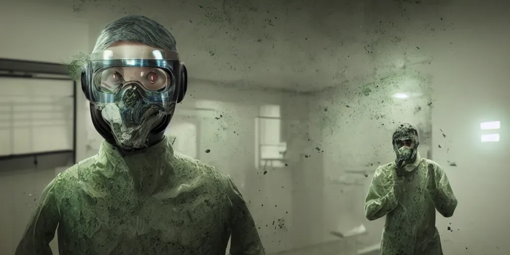 Prompt: a beautiful realistic man wearing a futuristic mask and a lab coat, lab covered in mold and moss, photorealistic, octane render, volumetric lighting,