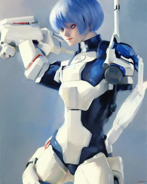 Prompt: greg manchess portrait painting of rei ayanami as an overwatch character, medium shot, asymmetrical, profile picture, organic painting, sunny day, matte painting, bold shapes, hard edges, street art, trending on artstation, by huang guangjian and gil elvgren and sachin teng