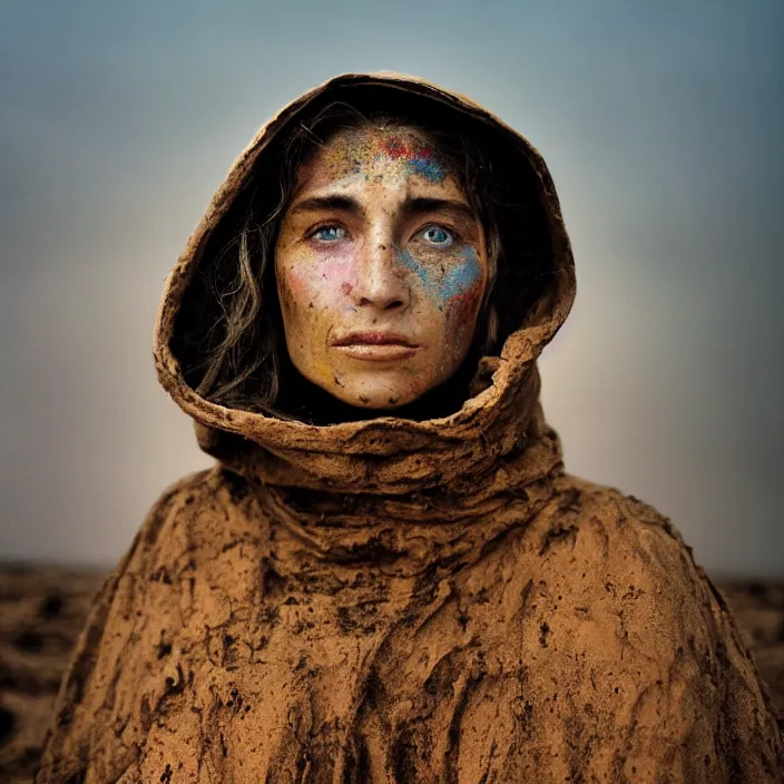 Image similar to closeup portrait of a woman with a hood made of rainbows and mud, standing in an apocalyptic landscape, by Annie Leibovitz and Steve McCurry, natural light, detailed face, CANON Eos C300, ƒ1.8, 35mm, 8K, medium-format print