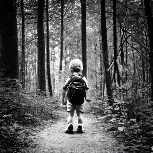 Image similar to little boy with a backpack in a forest, in the style of mcbess