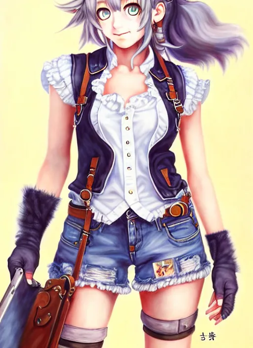 Image similar to a portrait of catgirl wearing white vest, and denim shorts an ultrafine detailed painting, detailed painting, beatyfull eyes, octopath traveler