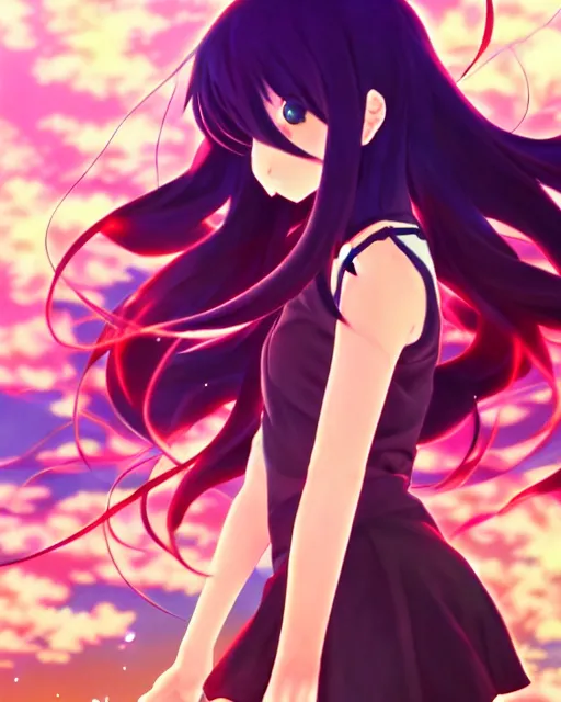 Image similar to anime style, vivid, expressive, full body, 4 k, painting, a cute magical girl with a long wavy black hair, stunning, realistic light and shadow effects, centered, simple background, studio ghibly makoto shinkai yuji yamaguchi