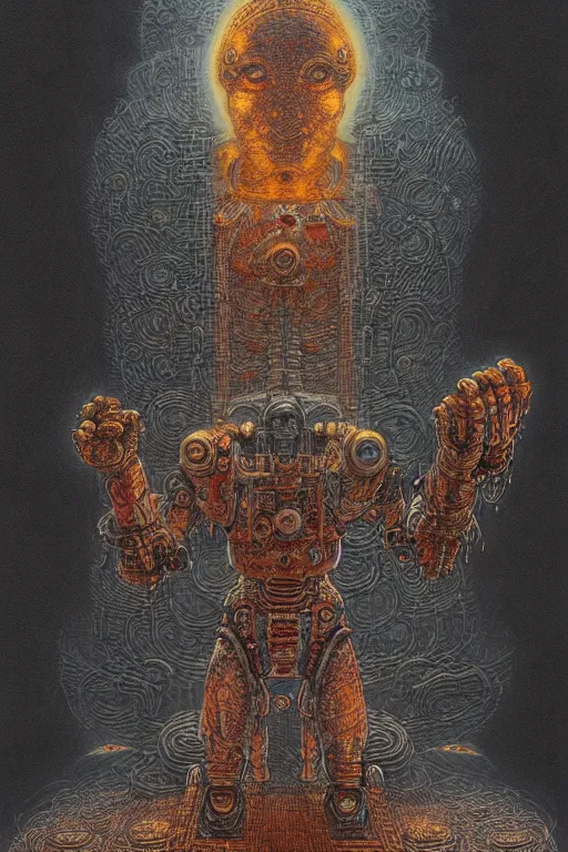 Image similar to hybrid of a chicken and a tech priest, cybernetic enhancements attached to his body, praise the omnissaiah, zdzislaw beksinski, lewis jones, mattias adolfsson, warhammer 4 0 k!!, cold hue's, warm tone gradient background, concept art, digital painting