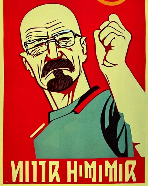 Image similar to soviet communist propaganda poster of walter white as a farmer with his closed fist up in the air, hammer and sickle, happy