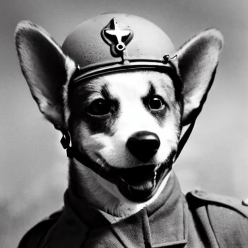 Image similar to close up of a corgi wearing soldier helmet in the battle, ww 2 historical photography, black & white