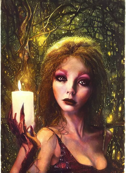 Image similar to seventies slim young horror actress, sequin top, candlelit forest, strong line, deep color, beautiful! coherent! by brom, by brian froud