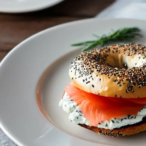 Prompt: bagel with lox and cream cheese on a plate