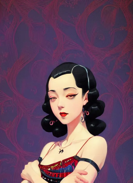 Image similar to a beautiful dancer with black hair in 1930's fashion, living room background, intricate, highly detailed, digital painting, artstation, official media, anime key visual, concept art, rich vivid colors, ambient lighting, sharp focus, illustration, art by Artgerm, Makoto Shinkai, Ilya Kuvshinov, Lois Van Baarle, and Rossdraws