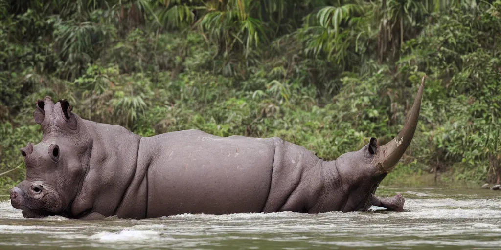 Image similar to hippo with a rhino horn, in a river in the jungle, extremely high fidelity, natural lighting