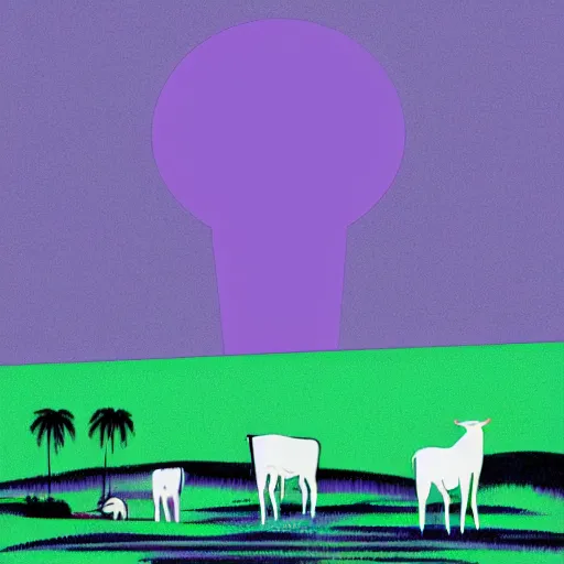 Image similar to ufo and aliens abducting cows from the distance in far pastures during summer night with palm trees. by patrick nagel, minimalist lighting, 1 0 0 0 mm. purple and green gammas.