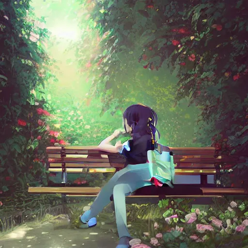 Image similar to advanced digital art. A beautiful girl is sitting on a bench reading in an abandoned train station overgrown with vines and flowers. Digital Anime painting. Sakimichan, WLOP, RossDraws, pixivs, Makoto Shinkai. —H 2160