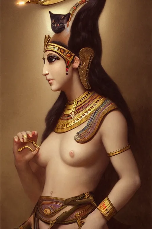 Prompt: portrait of the beautiful egyptian goddess, bastet, bast, woman's body with a cat's head, cat - headed, torchlight in an egyptian tomb, digital art by ruan jia and mandy jurgens and artgerm and william - adolphe bouguereau, highly detailed, soft ligt, trending on artstation, award winning,