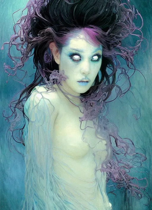 Prompt: a beautiful terrifying ghost portrait black eyes smoke twisted trees rose blackpink, floating cloth whirlpool, sorayama ethereal horror fantasy art blue, pink, white hues by karol bak raymond swanland, gaston bussiere craig mullins alphonse mucha basil gogos, monet, ruan jia, by wlop, moebius syd mead roger dean yoshitaka amano