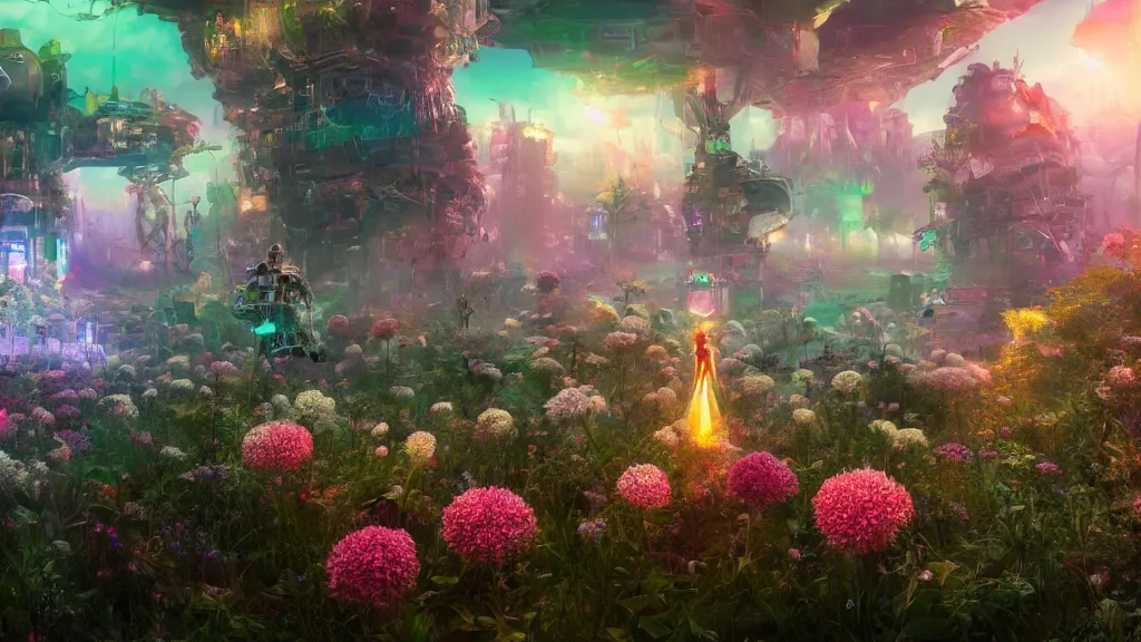 Prompt: a centered render digital materverse utopia, shining its light across a tumultuous sea of digital robot flowers and fairy, cyber punk, futurism, unreal engine, high detailed, 8 k, magic hour - s 9 9 3 2 4 1 3 7 7