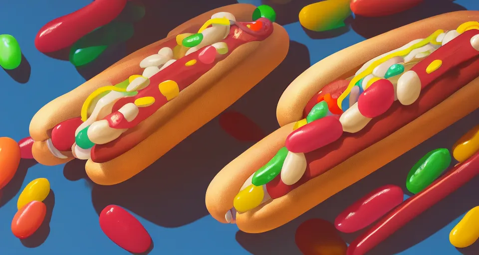 Prompt: a beautiful painting of hot dog filled with jellybeans by studio ghibli, gigantic, octane render, brilliantly coloured, intricate, ultra wide angle, trending on artstation, dusk, volumetric lighting, polished, micro details, ray tracing, 8k