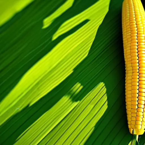 Prompt: deep yellow! corn can lying on green! leaves, 5 0 mm bokeh, bright, vivid, 3 d model, octane rendered, rtx reflections