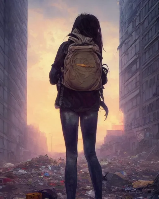 Prompt: poor detailed girl with backpack standing at cars looking for food at garbage dump, destroyed cars, city is pure wasteland, moody sunset in background, high details, photorealism, cinematic, greg rutkowski, alphonse mucha, trending on artstation, artgerm, unreal engine, breathtaking, award winning, highly detailed