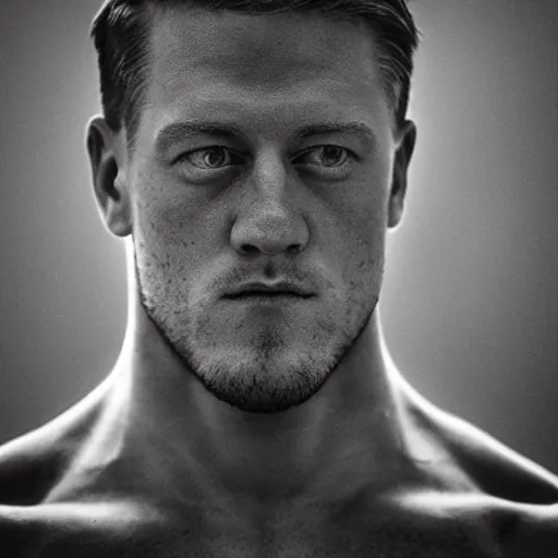 Image similar to “a realistic detailed photo of a guy who is an attractive humanoid who is half robot and half humanoid, who is a male android, football player JJ Watt, shiny skin, posing like a statue, blank stare”