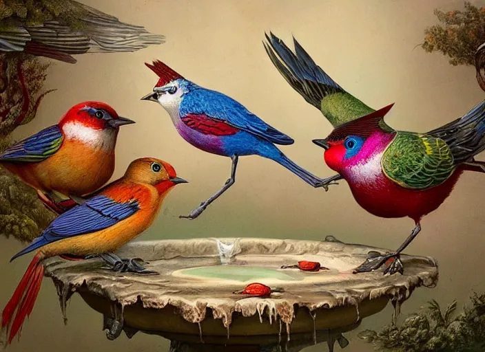 Image similar to colorful birds at the bird bath, lowbrow, matte painting, 3 - d highly detailed, style of greg simkins r,