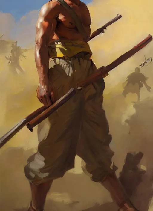 Image similar to greg manchess side portrait of a filipino fighter with a staff standing in front of a tank, organic painting, sunny day, matte painting, bold shapes, hard edges, street art, trending on artstation, by huang guangjian, gil elvgren, ruan jia, randy vargas, greg rutkowski