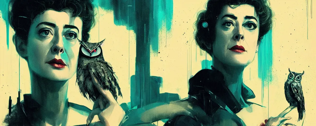 Prompt: duotone concept illustration 3 / 4 portrait of sean young as rachael from blade runner 1 9 8 2 with owl in the background. cinematic volumentric lighting. golden ratio tech noir by sachin teng and sergey kolesov and ruan jia and heng z. graffiti art, scifi, fantasy, hyper detailed. octane render. concept art. trending on artstation