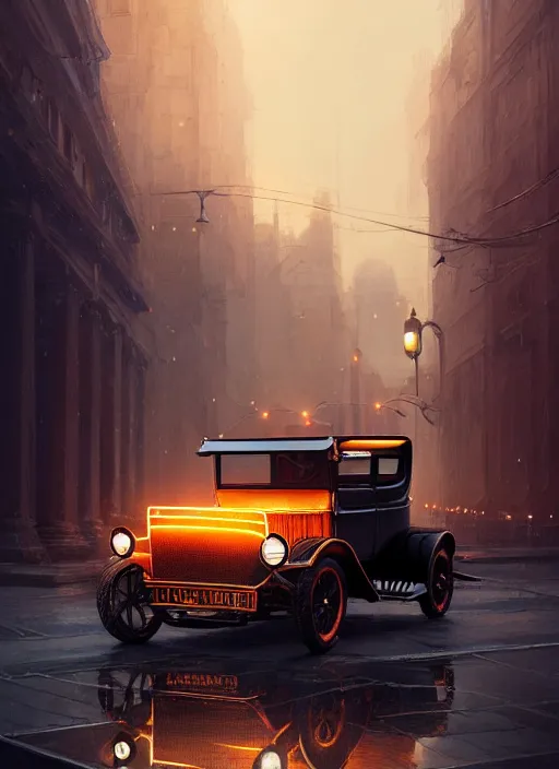 Prompt: ford model t, intricate, elegant, glowing lights, highly detailed, digital painting, artstation, sharp focus, illustration, art by wlop, mars ravelo and greg rutkowski