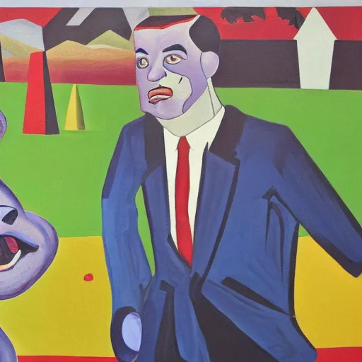 Image similar to nigel farage being chased by a bear, cubism painting