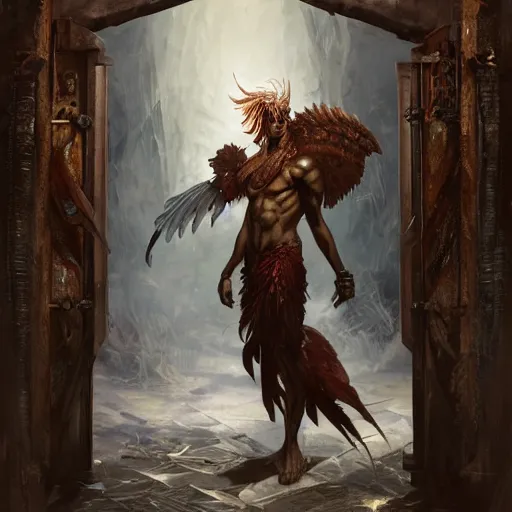 Prompt: full body shot of a male god with feathered wings on his shoulder, standing in front of a gate, digital art by raymond swanland and peter mohrbacher, 8 k,