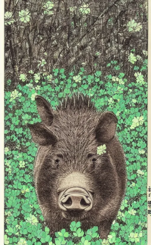 Image similar to by akio watanabe, manga art, a boar relaxing in a field of clovers, trading card front