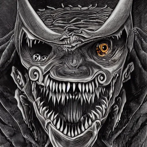 Prompt: a creepy monster beast with hundreds of eyes, scary smiling mouth with strings of salive, sharp teeth, horror art, intricate, extremely detailed, sharp