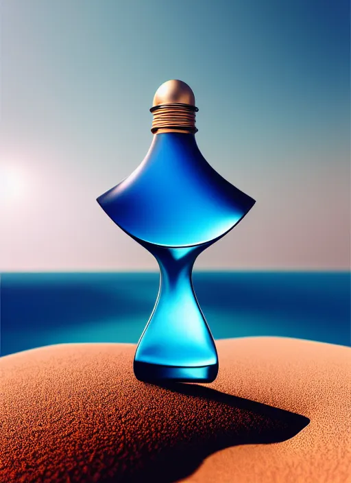 Prompt: perfume bottle standing in a desert oasis in deep blue pond water surrounded by smokey cloud, blurred background contoured smooth fair walls, up close shot, sharp focus, global illumination, radiant light, zaha hadid, irakli nadar, octane highly render, 4 k, ultra hd,
