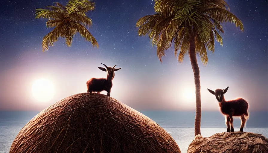 Prompt: very very small goat, sitting on a gigantic coconut tree in moonlit socotra island by ilya kuvshinov, starry night, rtx rendering, octane render 1 2 8 k, maya, extreme high intricate details by tom bagshaw, medium shot, close up shot, composition by sana takeda, lighting by greg rutkowski